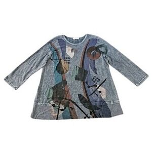 Jess & Jane Women Tunic Top XL Grey Mineral Wash Abstract Lagenlook Artsy